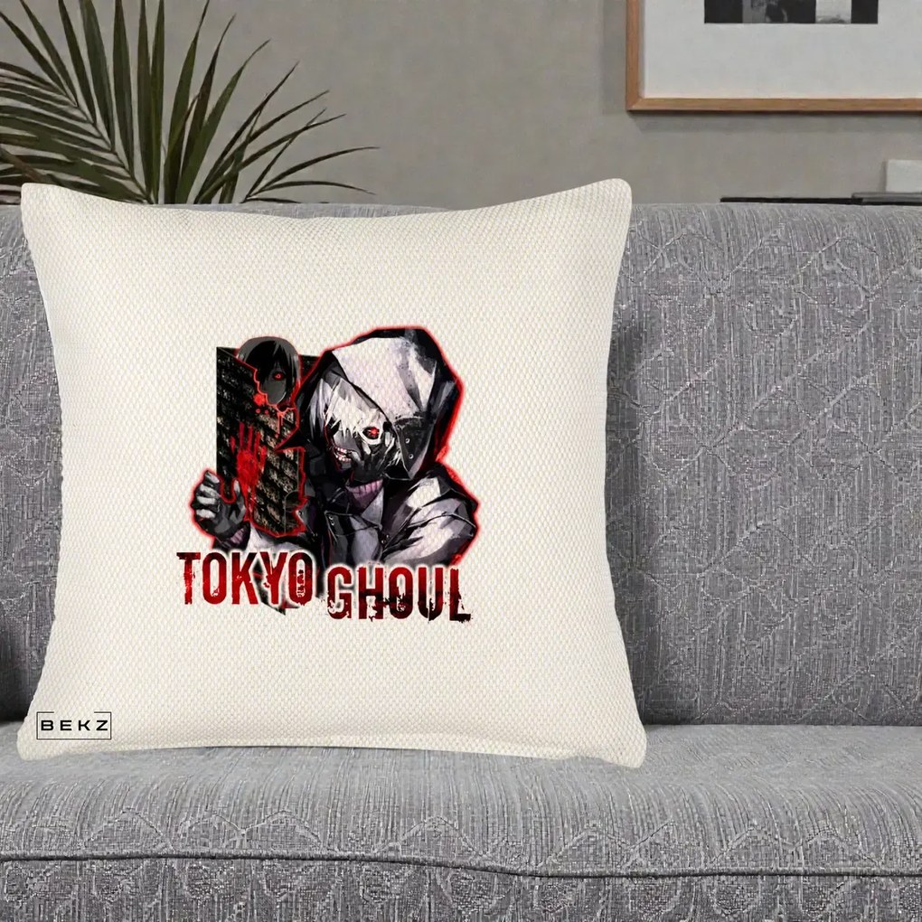 Perna Personalizata Tokyo Ghoul Ken Kaneki Anime, 40x40 cm, Crem Reliefat, Husa Detasabila, Perna Inclusa, BEKZ®