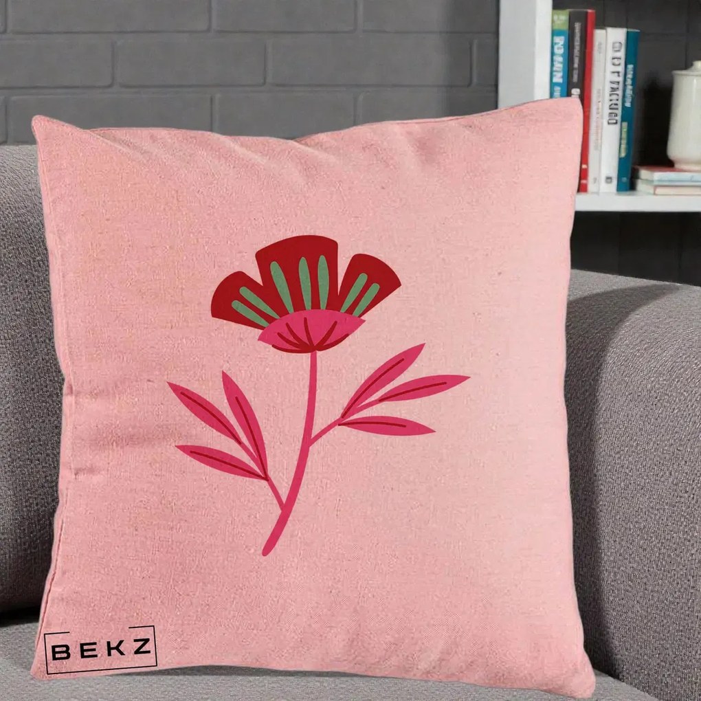Perna Decorativa Floare Macul Roz-Rosu Grafic, 40x40 cm, Roz, Husa Detasabila, Perna Inclusa, BEKZ®