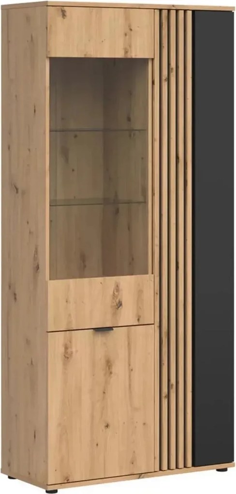 Vitrina VABRES, stejar artisan/negru mat, PAL laminat/sticla, 91x40x19