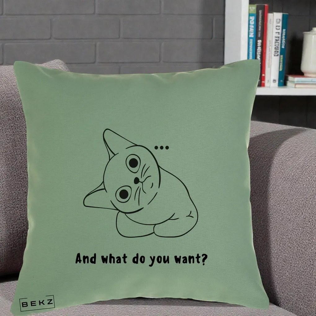 Perna Decorativa And What Do You Want Cat, 40x40 cm, Verde, Husa Detasabila, Perna Inclusa, BEKZ®