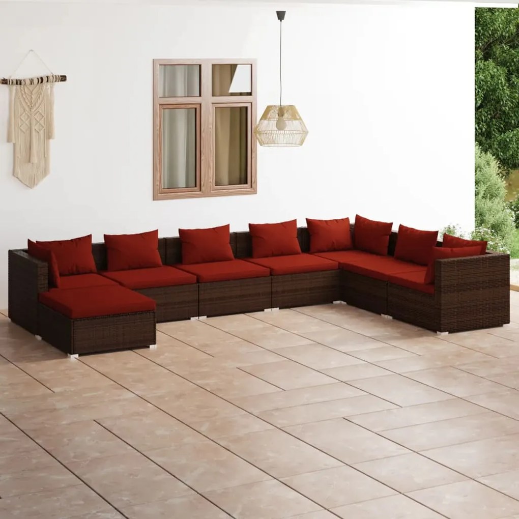 Set mobilier de gradina cu perne, 8 piese, maro, poliratan maro si rosu, 3x colt + 4x mijloc + suport pentru picioare, 1