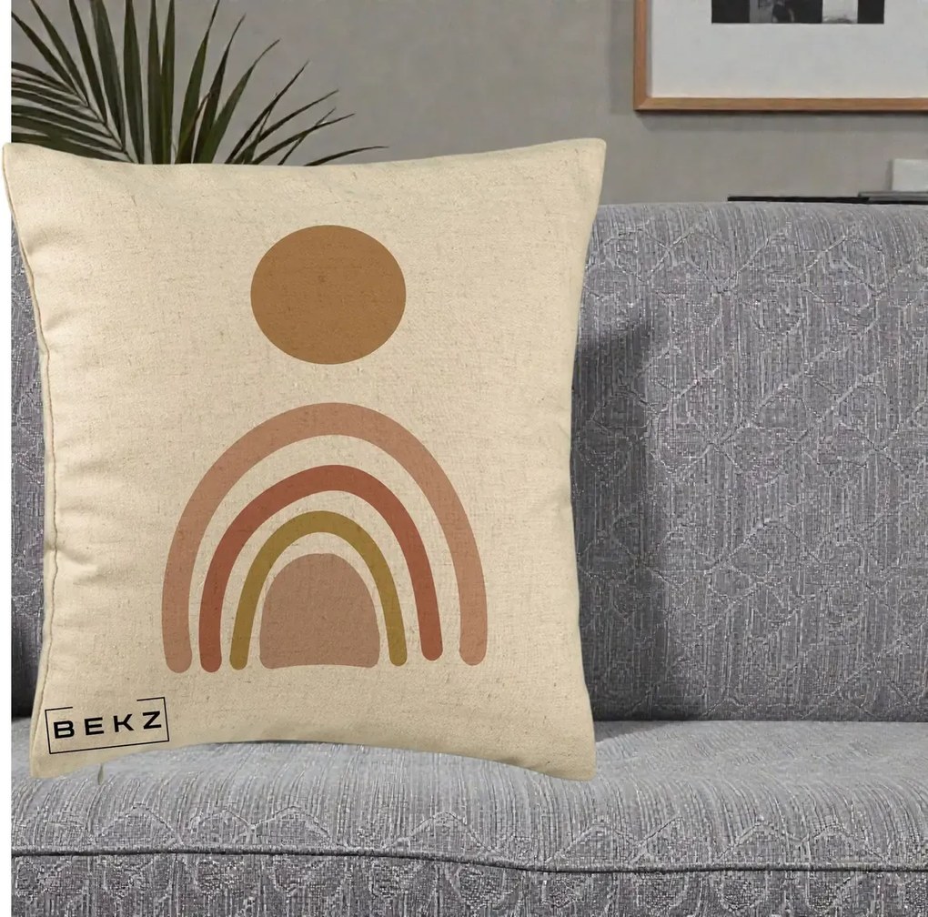 Perna Decorativa Boho Rainbow Sun, 40x40 cm, Bej, Husa Detasabila, Perna Inclusa, BEKZ®
