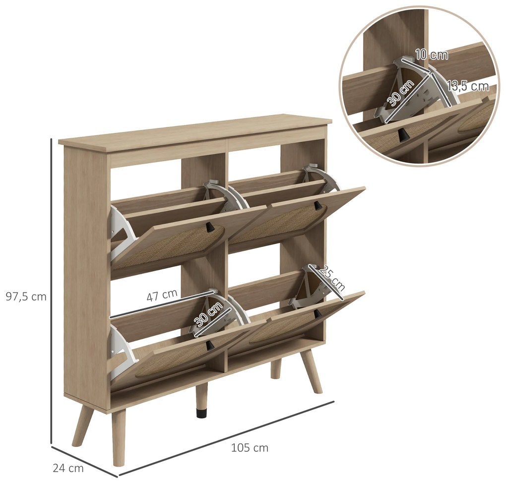 HOMCOM Pantofar 4 clapete 20 perechi raft reglabil stil boem picioare lemn masiv 105 x 24 x 97,5 cm natural | Aosom Romania