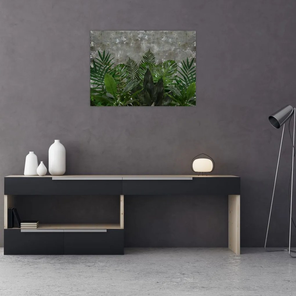 Tablou pe sticlă - Zid de beton cu plante (70x50 cm)