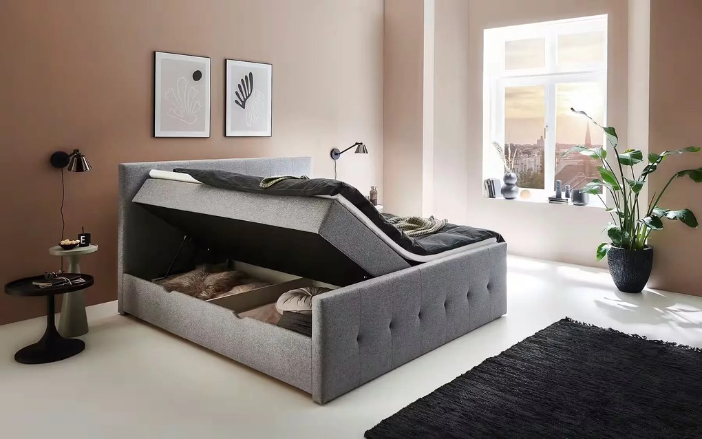 Boxspring 180x200 cm, cu lada de depozitare, 2 saltele și topper, material țesătură, culoare gri deschis