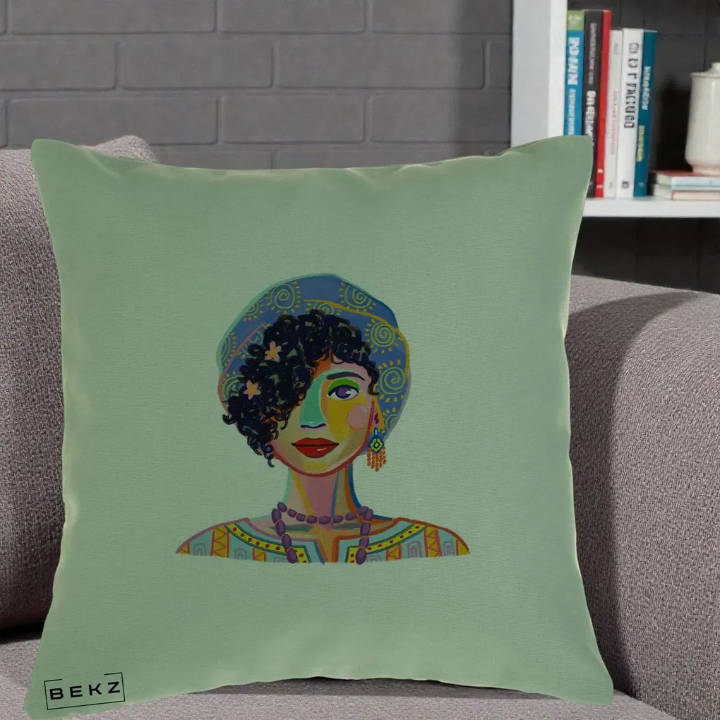 Perna decorativa Portret Femeie Etnic Colorat, 40x40 cm cu Umplutura, Verde, BEKZ