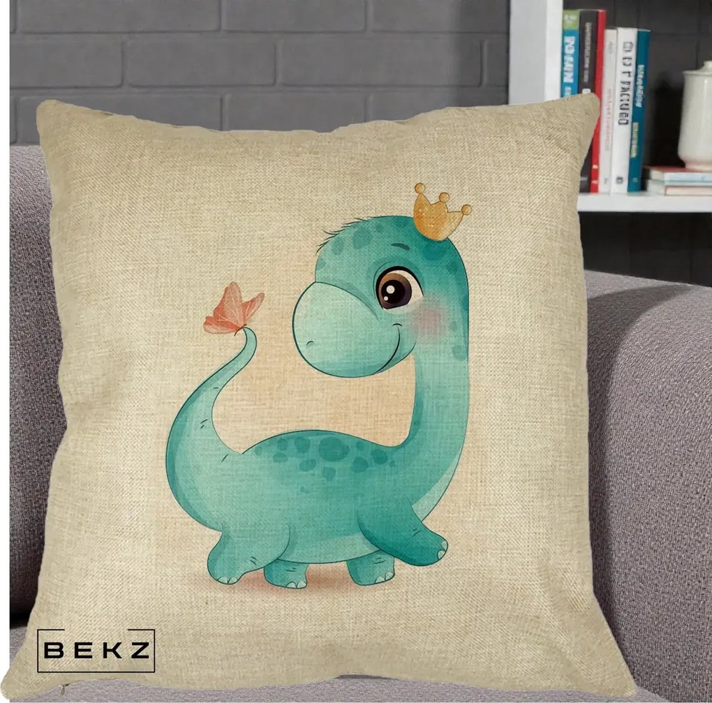 Perna Personalizata Dinozaur Bland Coroana Kawaii, 40x40 cm, Crem, Husa Detasabila, Perna Inclusa, BEKZ®