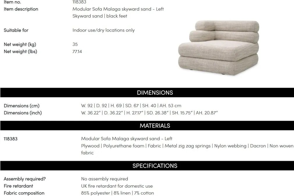 Modul stanga pentru canapeaua design LUX Malaga