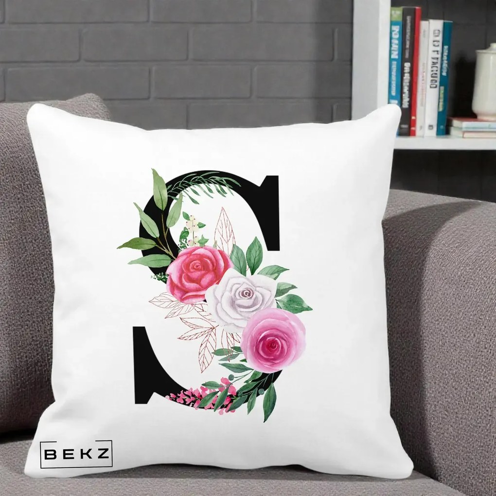 Cadou Personalizat - Perna Personalizata Monograma Florala Litera S, 40x40 cm, Alba Mata, Husa Detasabila, Perna Inclusa, BEKZ®