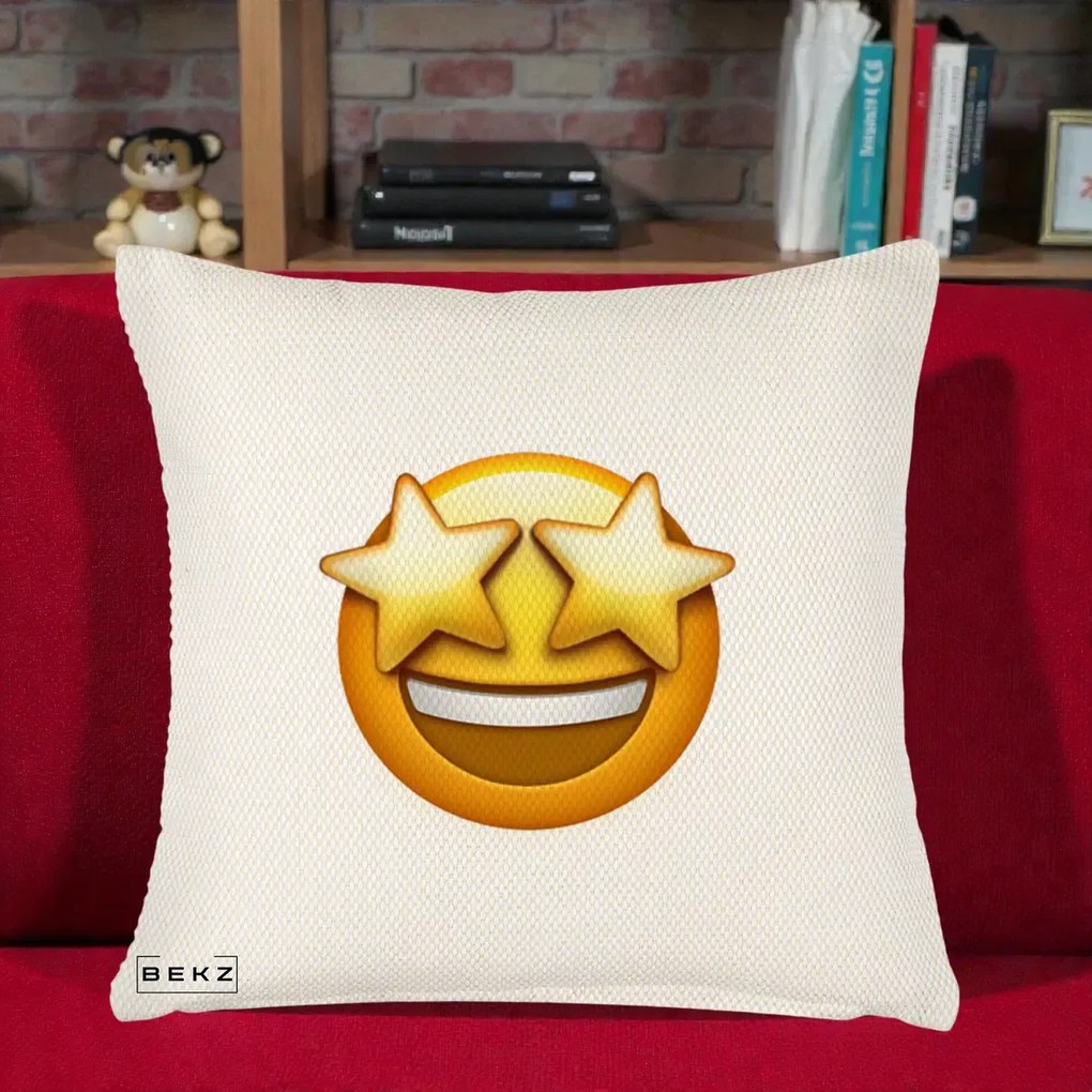 Perna Decorativa Emoji Ochi Stele, 40x40 cm, Crem Reliefat, Husa Detasabila, Perna Inclusa, BEKZ®