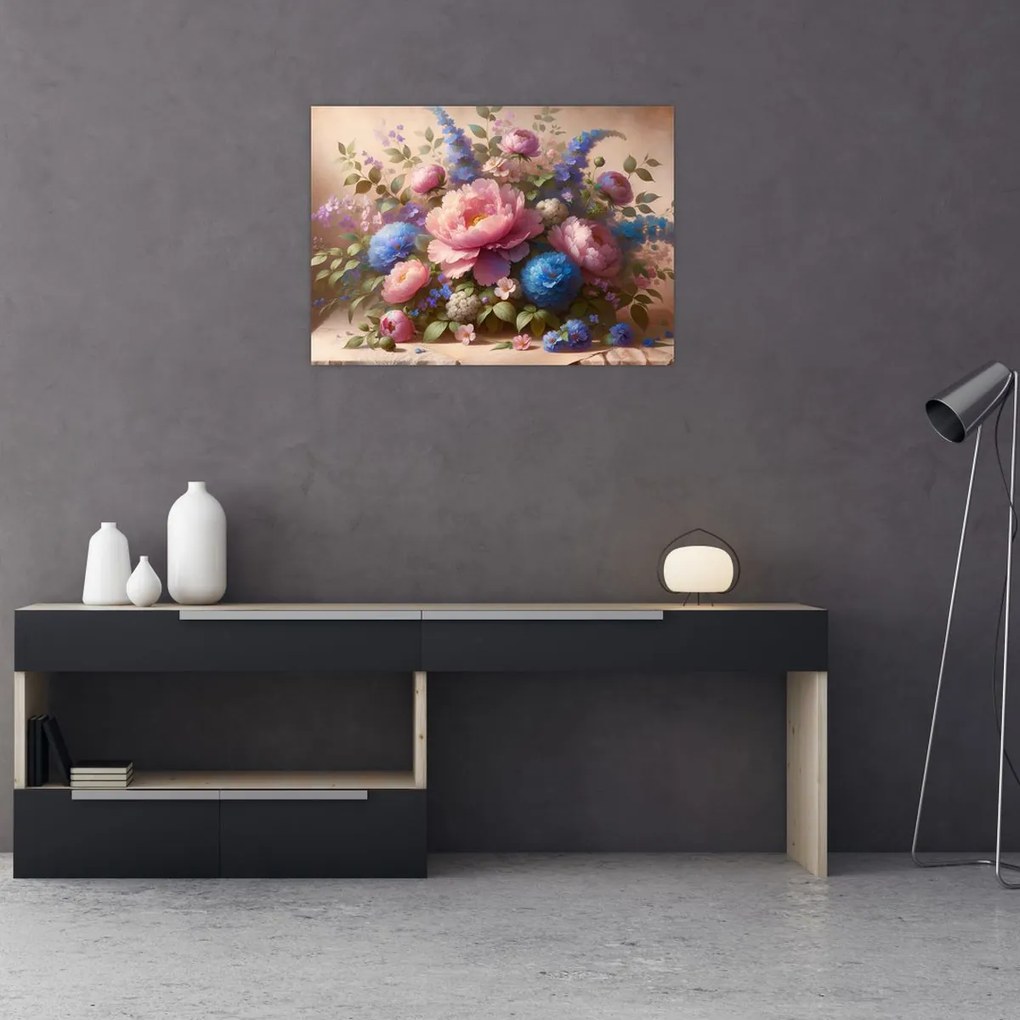 Tablou pe sticlă - Masă plină de flori (70x50 cm)