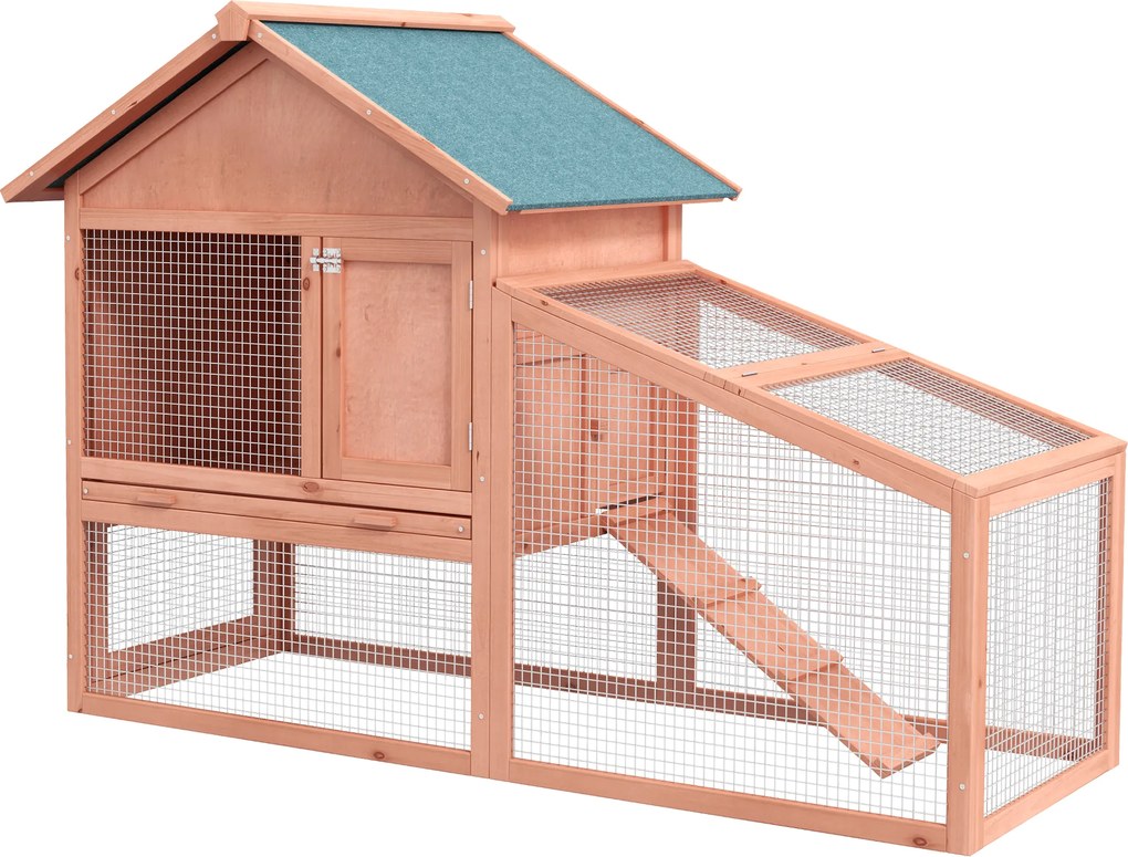 PawHut Iepurieră de Exterior din Lemn Cușcă pentru Iepuri Două Etaje cu Acoperiș Ușă și Fereastră Tavă Detașabilă și Lavabilă Mare Confort Spațiu Generos 144x64.5x100cm | Aosom Romania