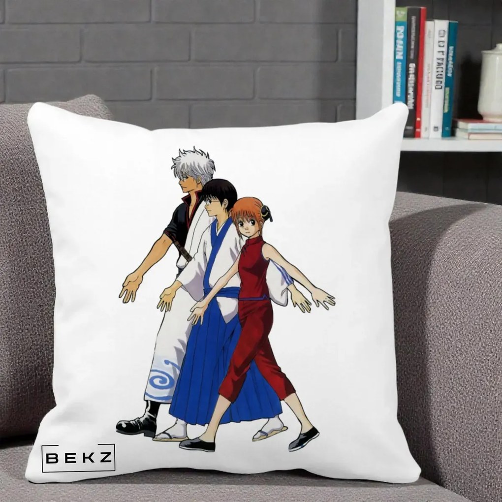 Perna Personalizata Gintama Trio Gintoki Shinpachi Kagura, 40x40 cm, Alba Mata, Husa Detasabila, Perna Inclusa, BEKZ®
