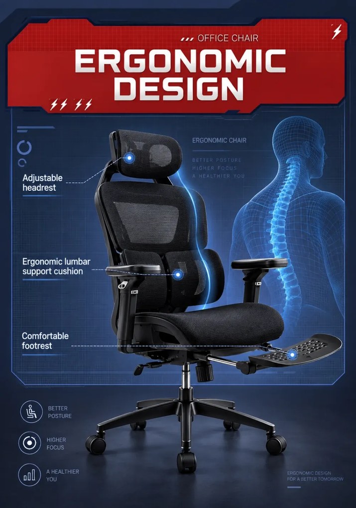 DOWINX H09 - Scaun Ergonomic, Suport lombar dublu reglabil, Tetieră 3D, Cotiere 3D, Înclinare 90°–135°, Suport picioare retractabil, Mesh, Negru