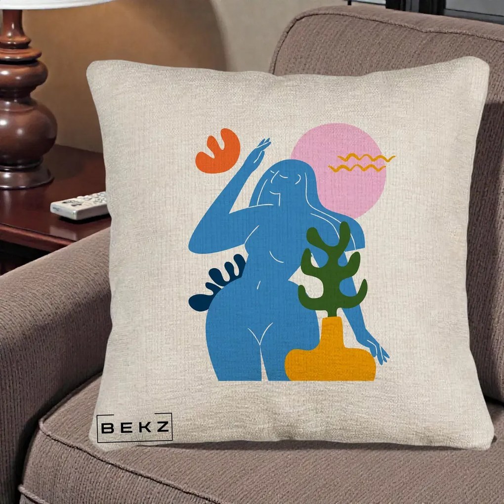 Perna Decorativa Femeie Albastra Cactus, 40x40 cm, Bej Canapea, Husa Detasabila, Perna Inclusa, BEKZ®