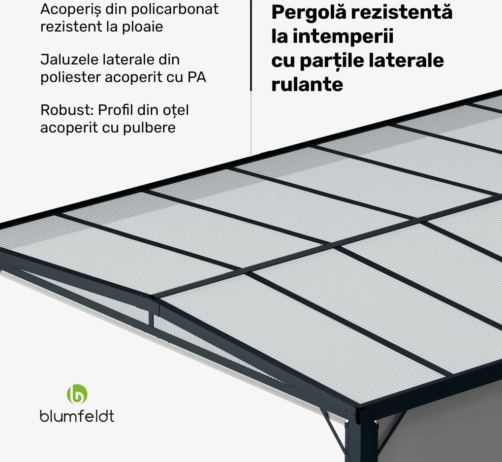 Blumfeldt Pantheon Cortina Solid Sky Pergola 3x4, rezistent la intemperii, acoperit cu pulbere, panouri laterale