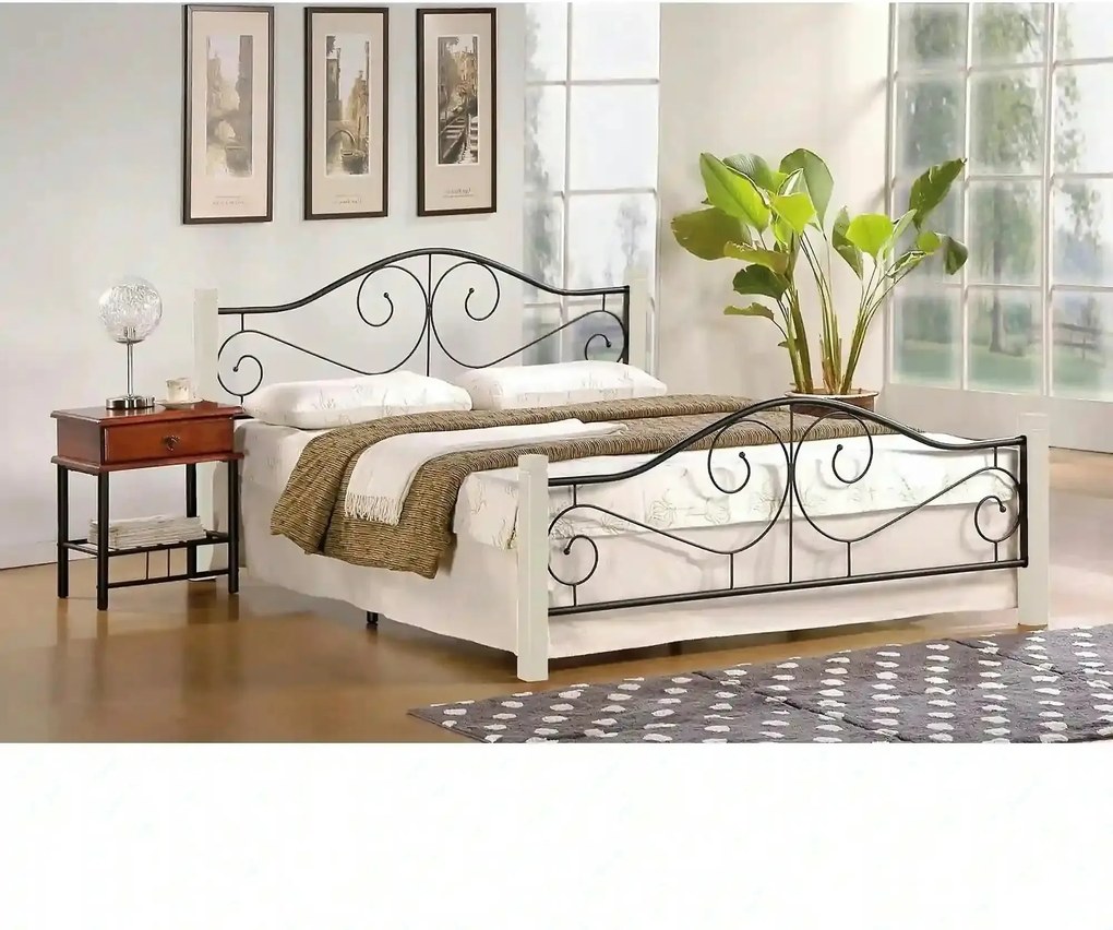 Pat VIOLETTA 160x200, ecru/negru, lemn/otel, cu somiera