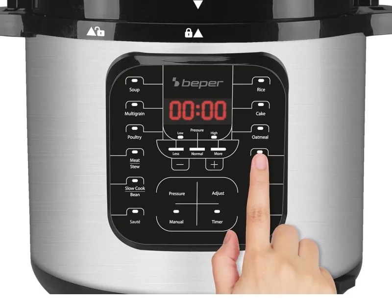 Multicooker sub presiune Beper P101COS001, 1200W, 6 L, 15 programe, Timer, Inox/Negru