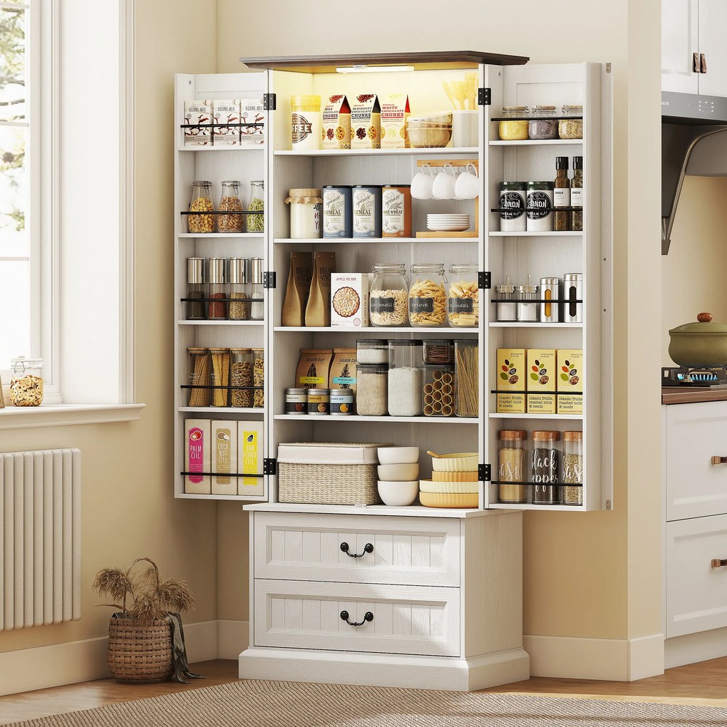 HOMCOM Bufet înalt bucătărie, dulap de bucătărie, LED cu senzor, 2 uși, sertare și rafturi reglabile, 76x39,5x183cm, alb | Aosom Romania