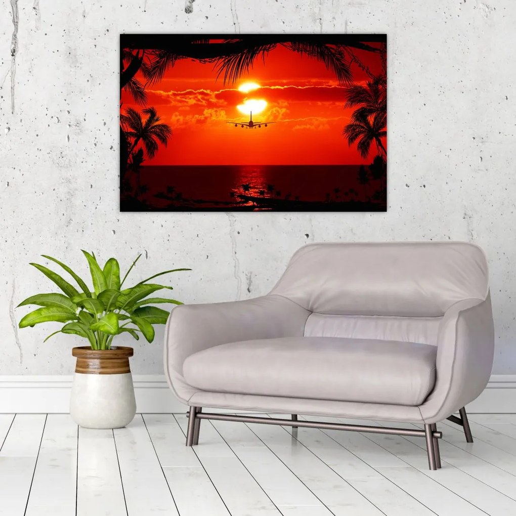 Tablou - apus de soare cu avion (90x60 cm)