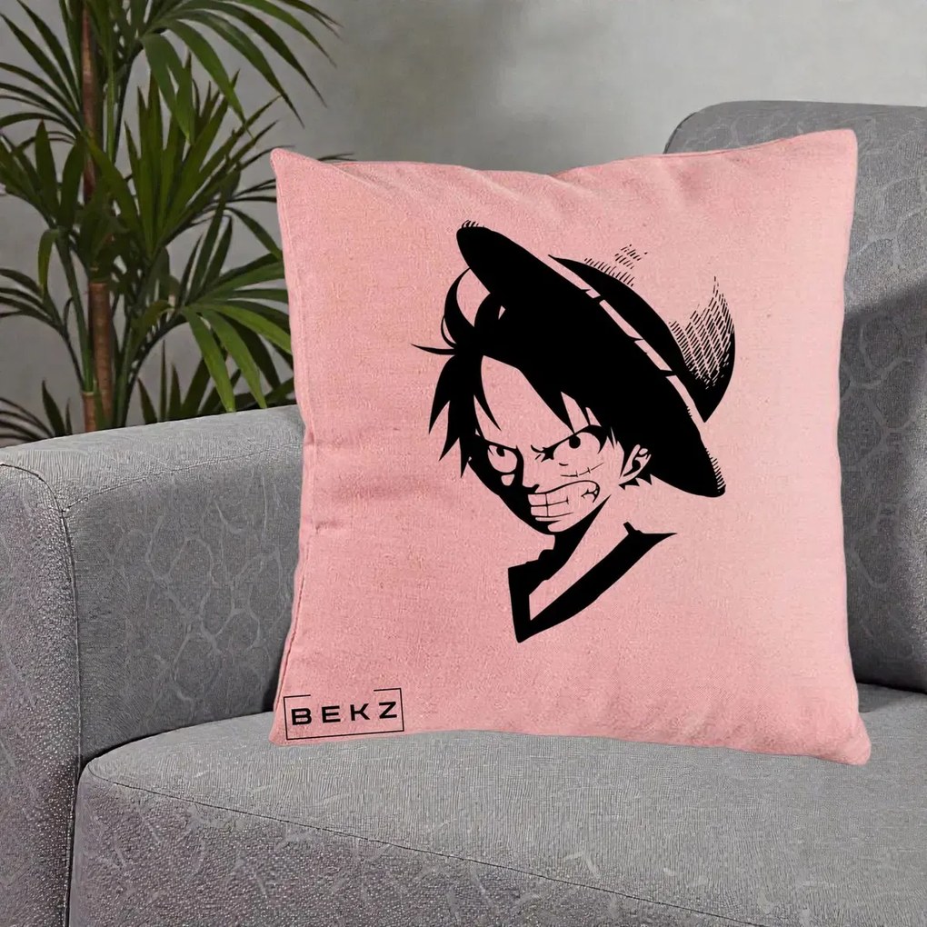 Perna Personalizata One Piece Luffy Silueta Alb-Negru, 40x40 cm, Roz, Husa Detasabila, Perna Inclusa, BEKZ®