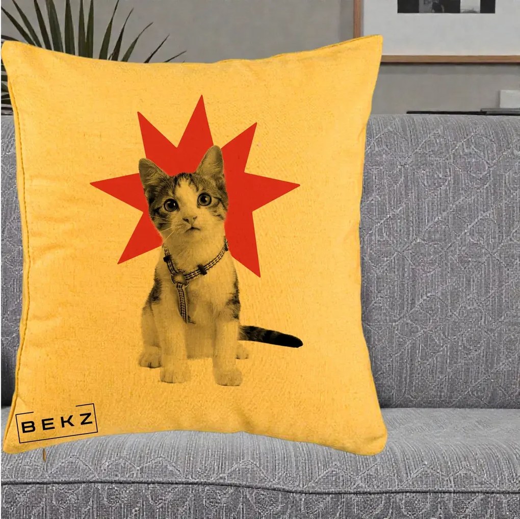 Perna Decorativa Pisica Star Pop Art, 40x40 cm, Galben, Husa Detasabila, Perna Inclusa, BEKZ®
