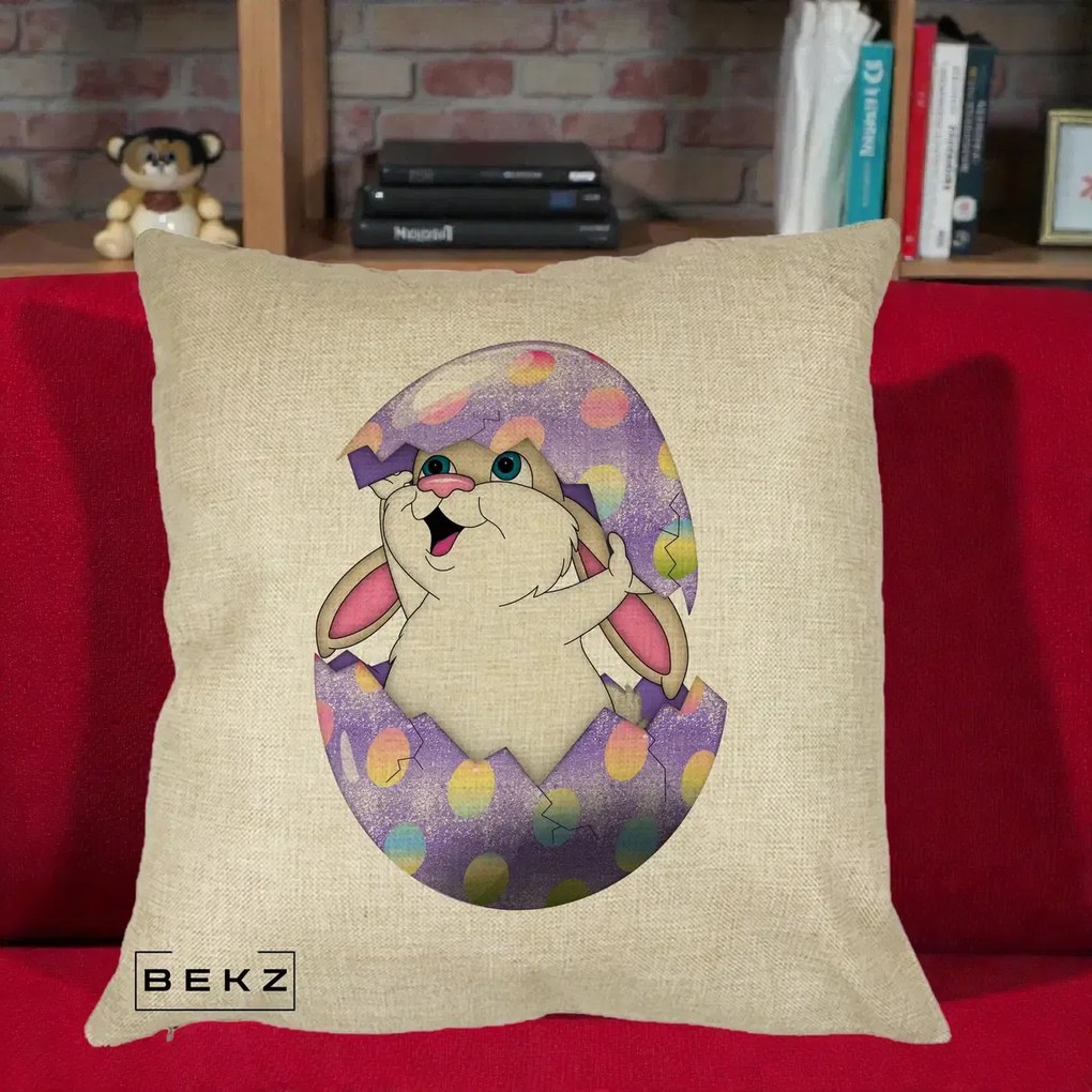 Perna Decorativa Iepuras din Ou de Pasti, 40x40 cm, Crem, Husa Detasabila, Perna Inclusa, BEKZ®