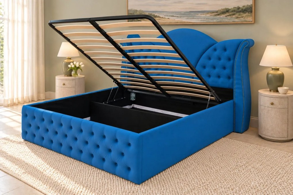 Pat tapițat Chesterfield din catifea Velora 160×200 cm, albastru, cu ladă de depozitare