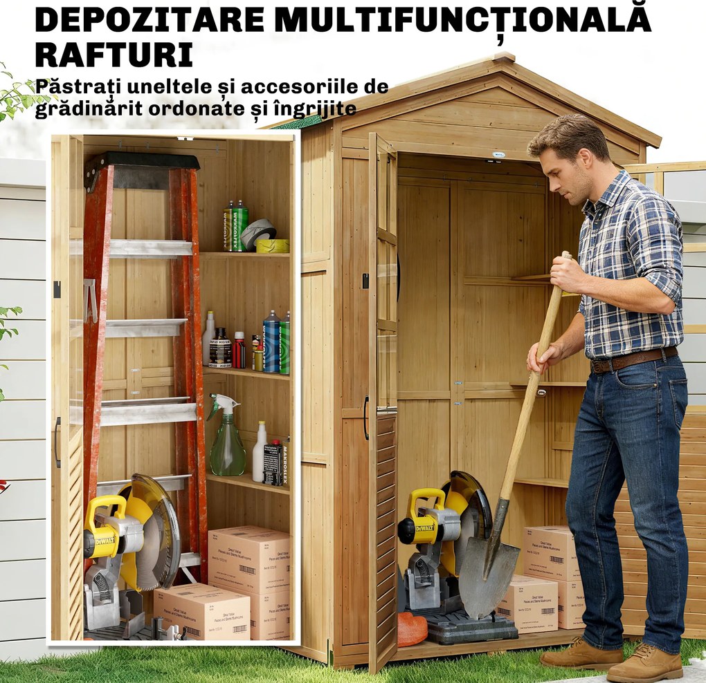 Outsunny Dulap de Grădină din Lemn de Brad cu Rafturi și Ferestre din Acril, Căsuță Depozitare Unelte Exterioare cu Acoperiș Asfaltat, Uși Blocabile, 128x57.5x197 cm, Maro Deschis | Aosom Romania