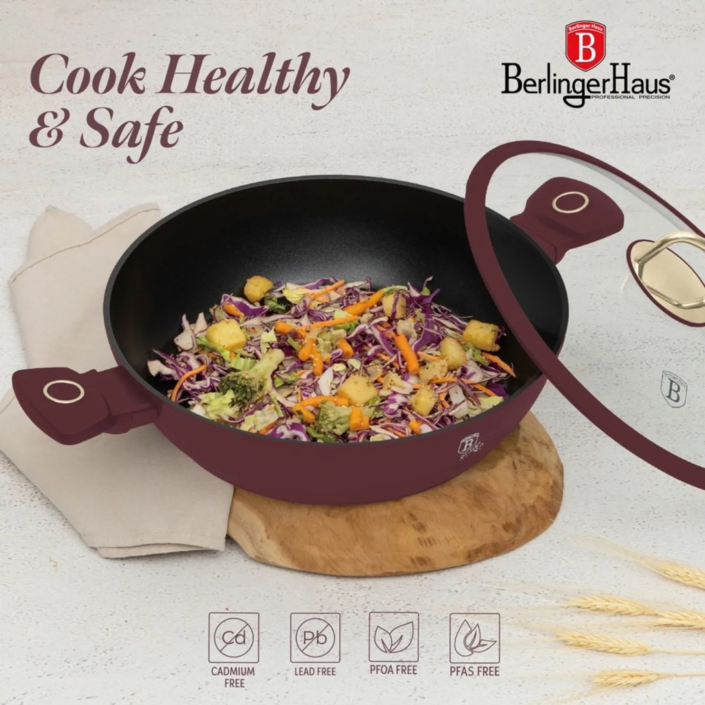 Cratita cu capac 30 cm 4,5L Leonardo Collection Berlinger Haus BH 8039, visiniu mat, mancarea nu se lipeste, compatibila cu inductie