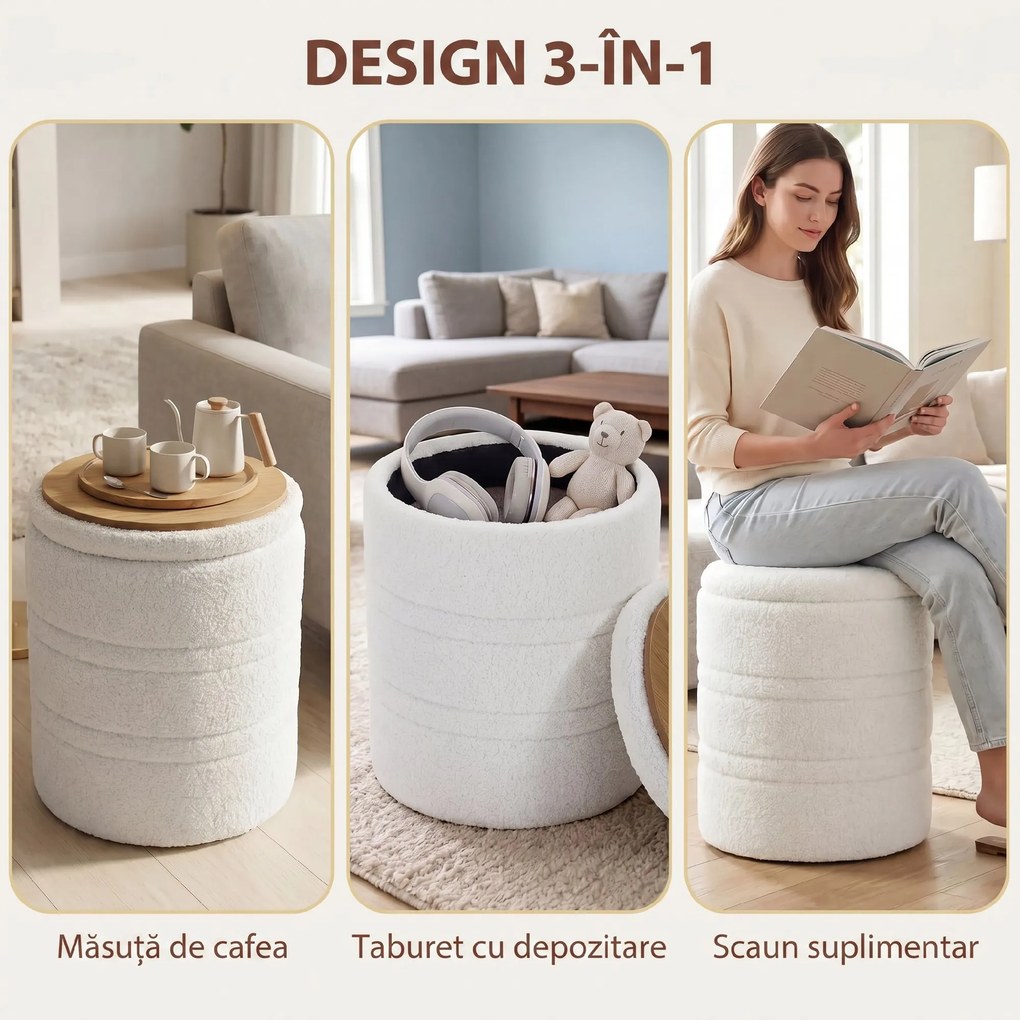 HOMCOM Taburet Rotund Tip Pouf cu Spațiu de Depozitare 33L din Sherpa cu Capac, Capacitate 120kg, Living, Hol, Alb | Aosom Romania