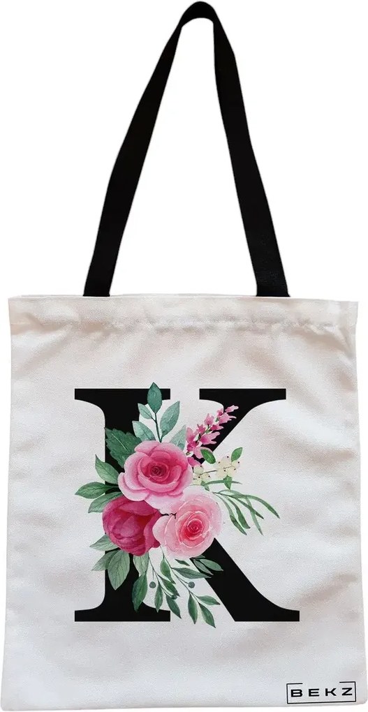 Sacosa de Panza pentru Cumparaturi, Geanta Tote, Cu litera K si Trandafiri, Cu fermoar, 38x34.5 cm, Alba, BEKZ®