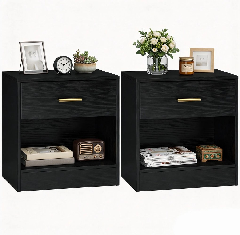 HOMCOM Set 2 Noptiere Moderne din Lemn cu Sertar și Poliță Deschisă, 39x28x41 cm, Negru | Aosom Romania