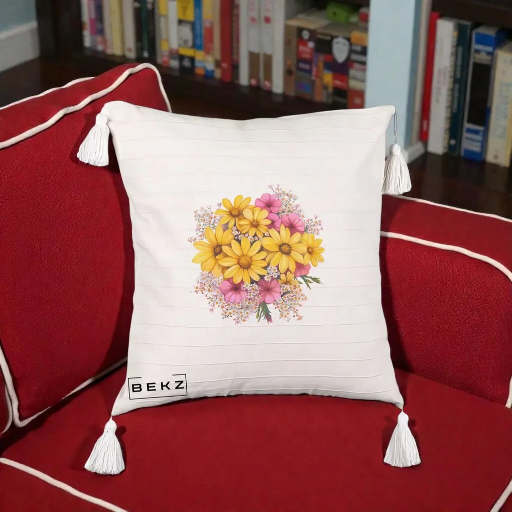Perna Decorativa Floarea-Soarelui cu Cosmos Roz si Gypsophila, 40x40 cm, Bej cu Franjuri, Husa Detasabila, Perna Inclusa, BEKZ®