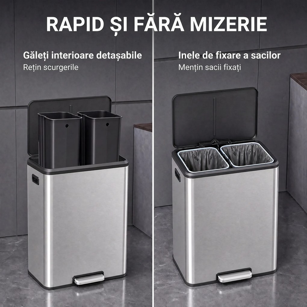 HOMCOM Coș de bucătărie 2 x 30 L, cu pedală, din oțel inoxidabil, găleți detașabile și capac soft-close, argintiu | Aosom Romania