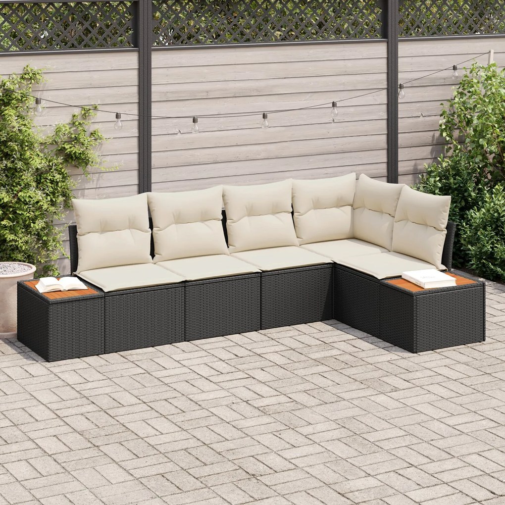 vidaXL Set canapea grădină cu 5 piese și perne, Negru, Ratan Poli, Acacia