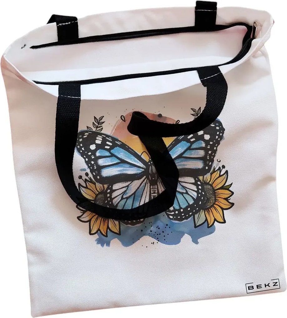 Sacosa de Panza pentru Cumparaturi, Geanta Tote, Blue Butterfly, Cu fermoar, 38x34.5 cm, Alba, BEKZ®
