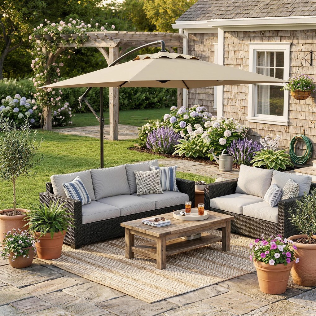 Outsunny Umbrelă Suspendată cu Orificii de Ventilaţie, Bază în Cruce şi Manivelă, 3x2 m, Bej | Aosom Romania