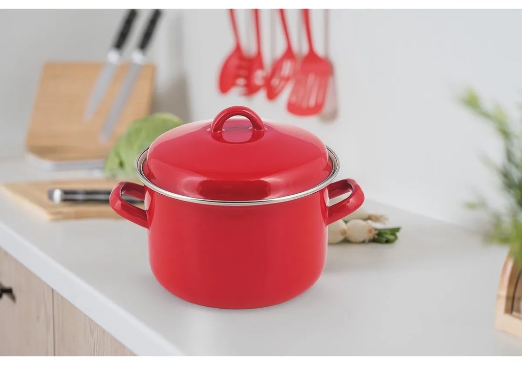 Oală emailată cu capac Banquet Milton roșu, 20 cm, 3,4 l, 20 cm