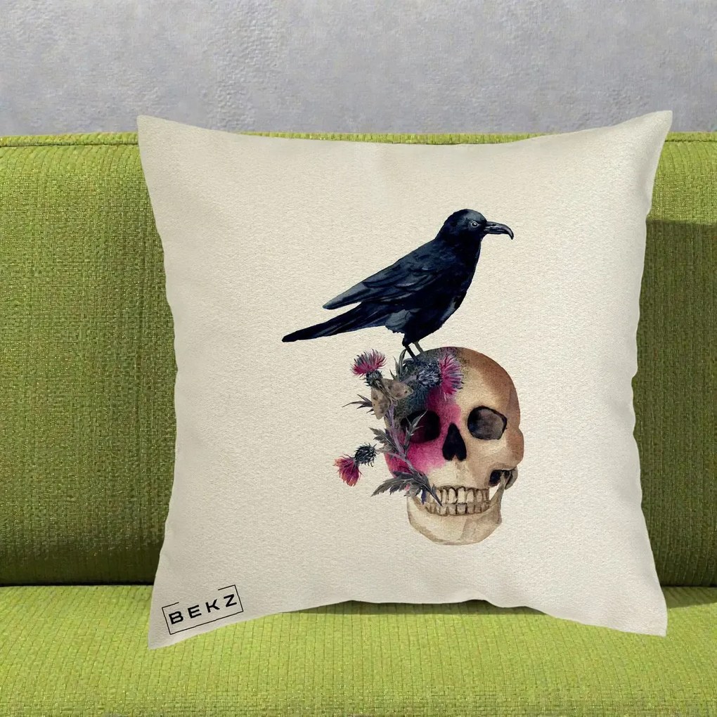 Perna Decorativa Craniu cu Corb si Flori Gothic, 40x40 cm, Ecru, Husa Detasabila, Perna Inclusa, BEKZ®