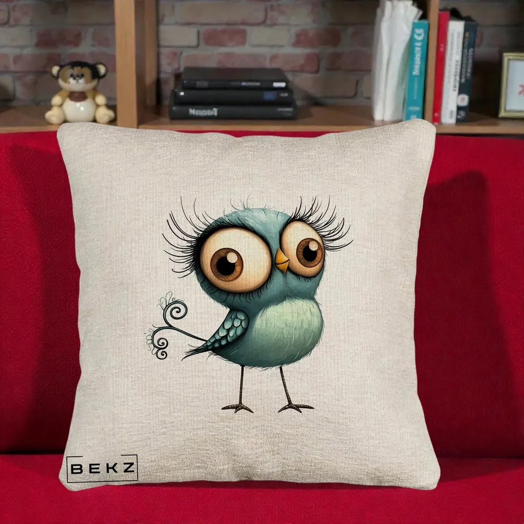 Perna Decorativa Pasare Teal cu Gene si Coada Spiralata, 40x40 cm, Bej Canapea, Husa Detasabila, Perna Inclusa, BEKZ®