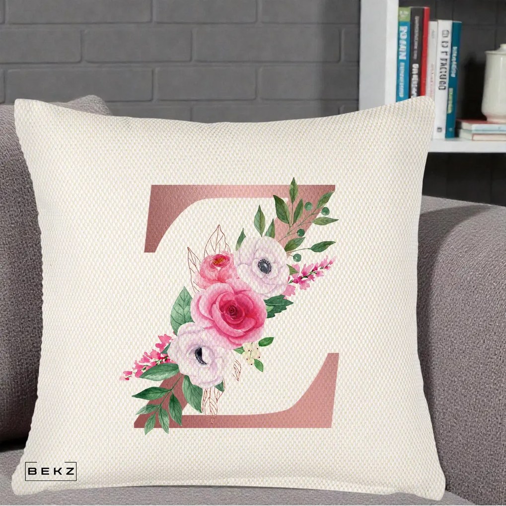 Cadou Personalizat - Perna Personalizata Monograma Rose Gold Litera Z, 40x40 cm, Crem Reliefat, Husa Detasabila, Perna Inclusa, BEKZ®