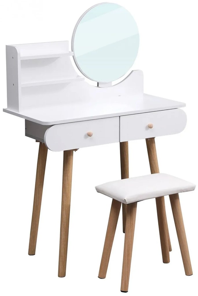 Set Alma, Masa de toaleta pentru machiaj cu oglinda, 2 sertare, scaun, Alb