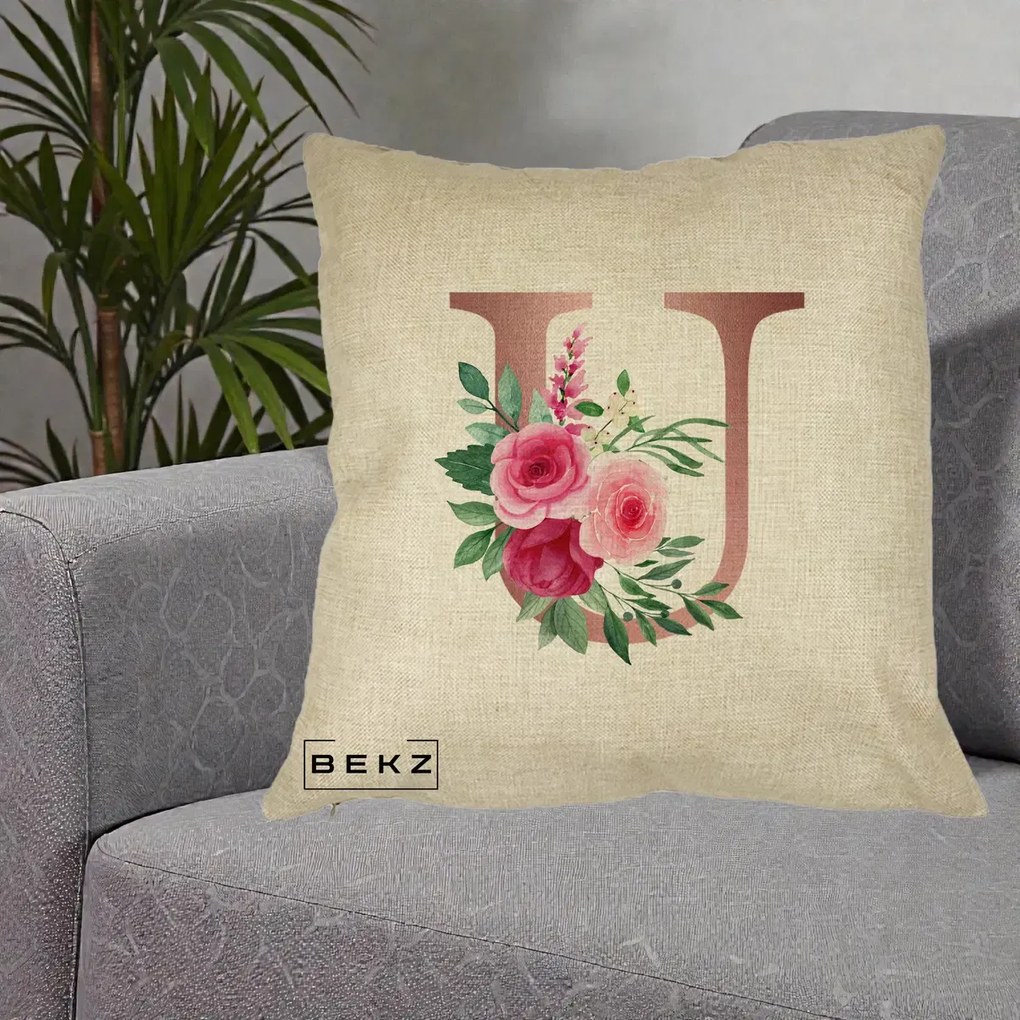 Cadou Personalizat - Perna Personalizata Monograma Rose Gold Litera U, 40x40 cm, Crem, Husa Detasabila, Perna Inclusa, BEKZ®