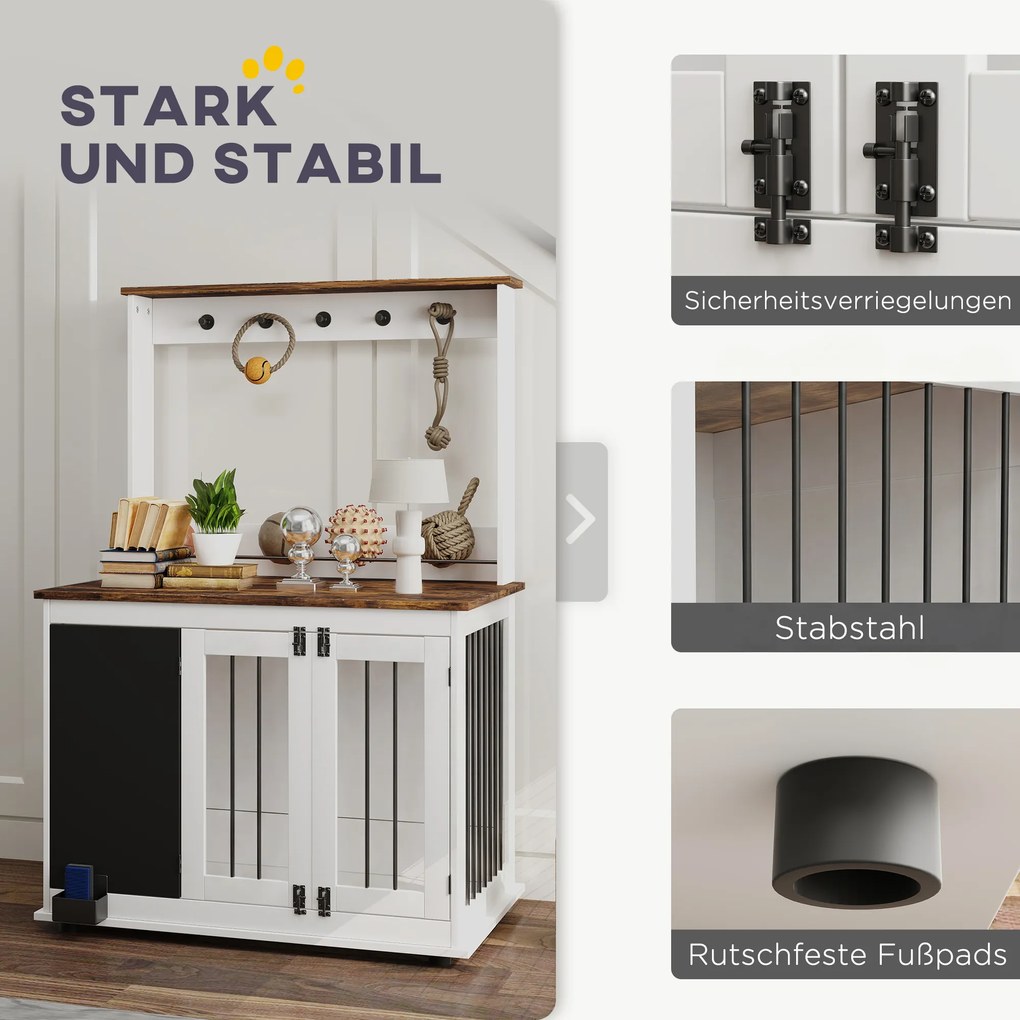 PawHut Cutie pentru câini cu raft de depozitare pentru jucării, cârlige pentru lese, tablă pentru scris, burete pentru șters, pentru câini mari, Alb | Aosom Romania