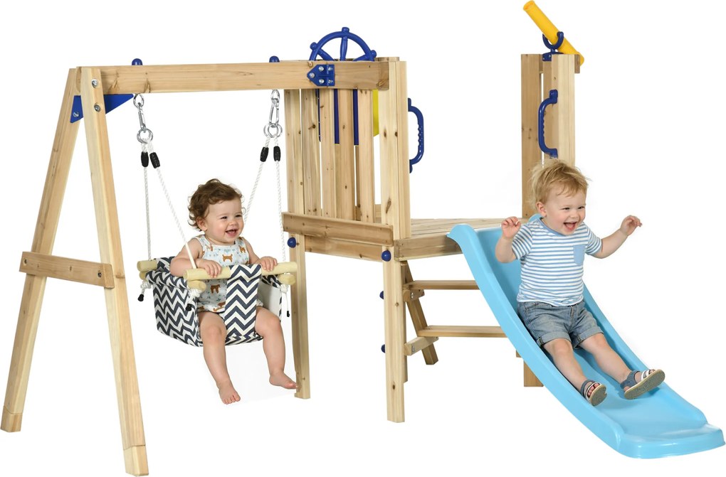 AIYAPLAY Leagăn şi Tobogan Exterior din Lemn cu Volan Telescop pentru Copii 18-48 Luni Lemn Natural | Aosom Romania