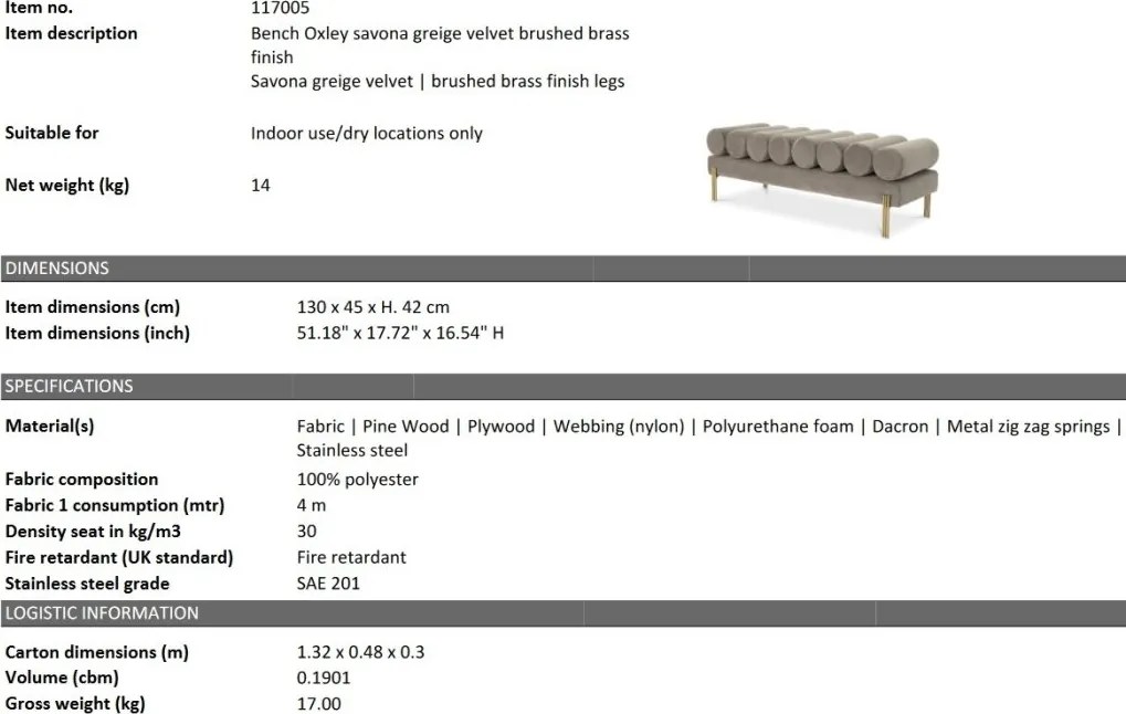 Bancheta moderna design LUX Oxley, Savona vintage greige