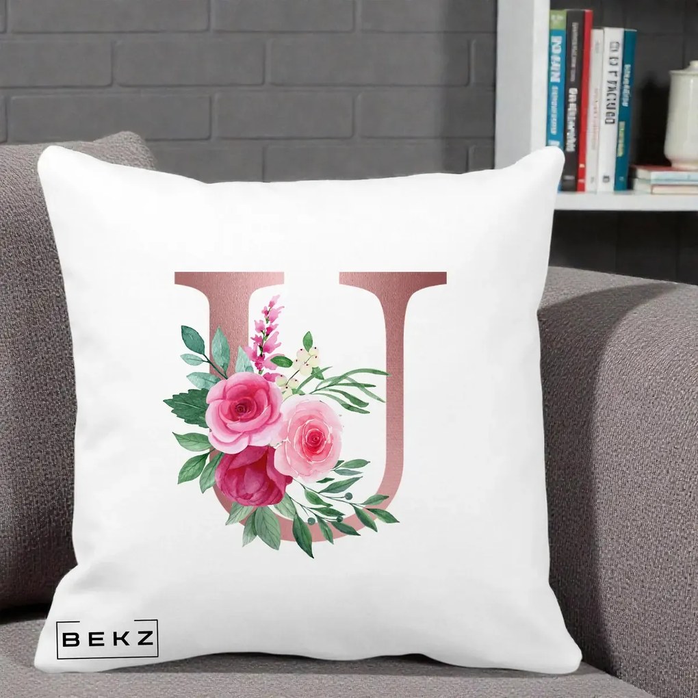 Cadou Personalizat - Perna Personalizata Monograma Rose Gold Litera U, 40x40 cm, Alba Mata, Husa Detasabila, Perna Inclusa, BEKZ®