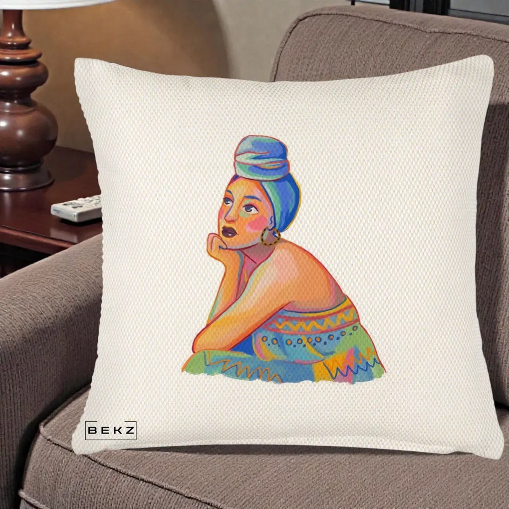 Perna Decorativa Portret Femeie Contemplativa, 40x40 cm, Crem Reliefat, Husa Detasabila, Perna Inclusa, BEKZ®
