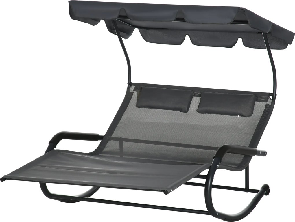 Outsunny Șezlong dublu pentru 2 persoane, incl. perne și baldachin, 200 cm x 139 cm x 140 cm, Gri închis | Aosom Romania